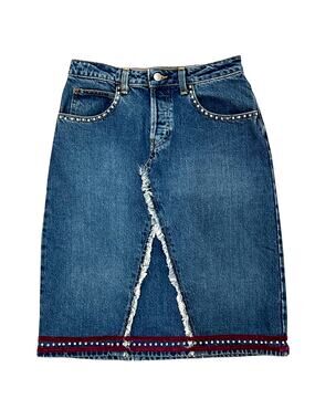 Vintage Gap Jeans Denim Midi Skirt Rhinestone Velvet Trim Y2K 90s USA Size‎ 1